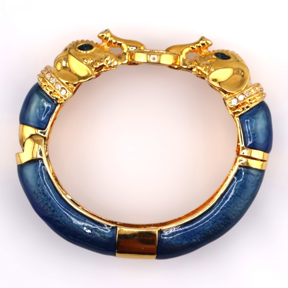 Kenneth Jay Lane Raj Elephant Bangle Bracelet Blue Enamel Gold Tone Vintage NOS